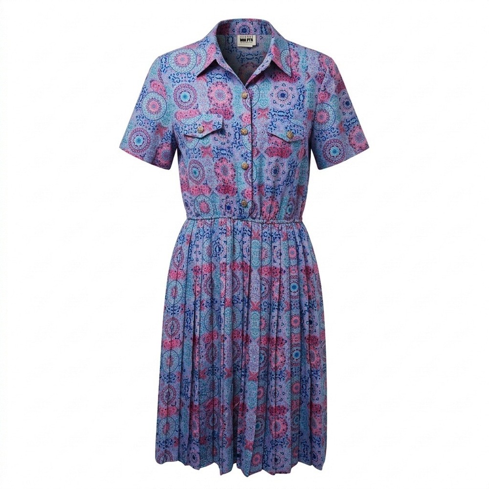 80s Vintage Leslie Fay Shirtwaist Dress Size 14P Pleated Bohemian Medallion